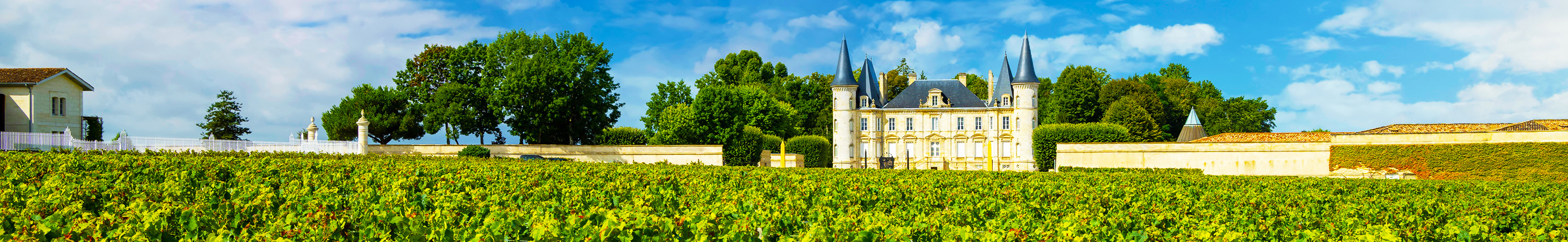 Blick auf das Chateau Pichon Longueville Baron in der Region Bordeaux. Blauer Himmel und Weingarten vor dem Schloss.